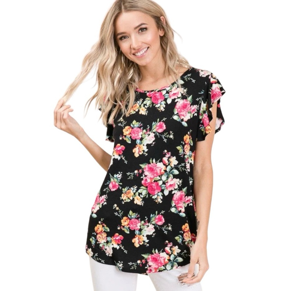 Chris & Carol Black Floral Flutter Sleeve Shirt with High/Low Hem
